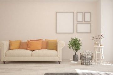 White living room with sofa. Scandinavian interior design. 3D illustration