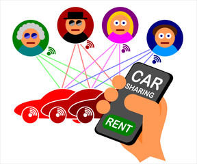 Vector illustration of car sharing subscription model. People can take their smartphone and borrow or lend the car to and from other users