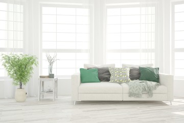 White living room with sofa. Scandinavian interior design. 3D illustration