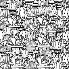 Seamless pattern with potted plants cactuses and succulents in doodle style isolated. Vector illustration