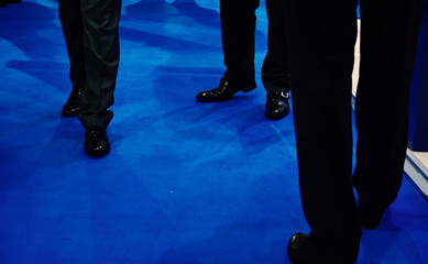 Business Men in Suits Standing on a Blue Carpet