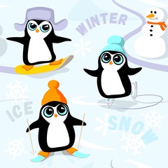 seamless pattern - cute, cute penguins have fun in winter