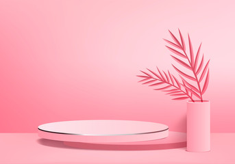 3d Pink abstract geometric background. Bright pastel podium or pedestal backdrop. Blank minimal design.  Empty 3D Pink pedestal winner. Stage for awards ceremony on website in modern.3D render