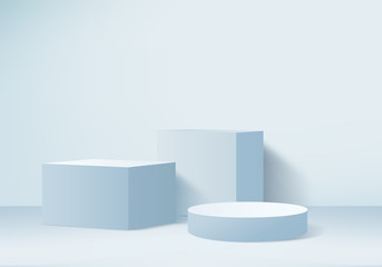 3d blue abstract geometric background. Bright pastel podium or pedestal backdrop. Blank minimal design.  Empty 3D blue pedestal winner. Stage for awards ceremony on website in modern.3D render