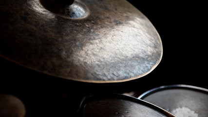Cymbal Closeup in music studio. Drummer and drums concept. Music and musical instruments