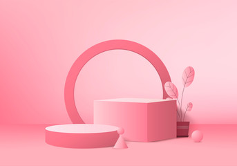 Pink pastel product Podium on background. Abstract minimal geometry concept. Studio stand platform theme. Exhibition and business marketing presentation stage. 3D illustration rendering graphic design