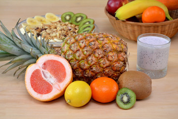 fresh tropical fruit breakfast on the table