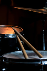Drumsticks and Drums. Music and musical instruments in music studio