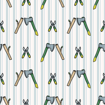 Cute Axe Chopping Wooden Stick Seamless Vector Pattern. Hand Drawn Garden Work For Stay Home Illustration. Clippers Yard Equipment All Over Print. Lumberjack Background. 