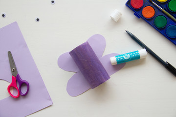 How to make batterfly from paper or toilet roll tube. Step 6 A terrible craft. School and kindergarten. Handcraft creative idea, seasonal spring time holiday pattern. How to captivate children at home