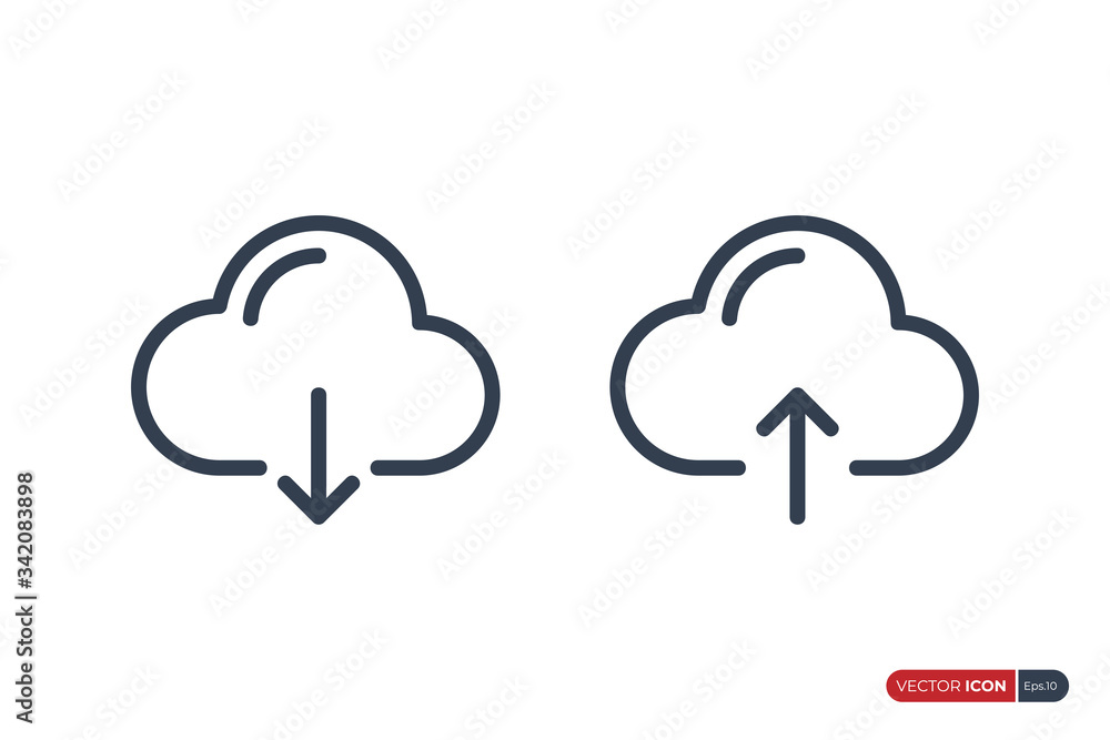 Poster download and upload icon. up and down arrow with cloud linear style outside isolated on white backgr