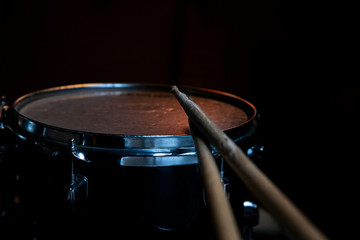 Drumsticks and Drums. Music and musical instruments in music studio