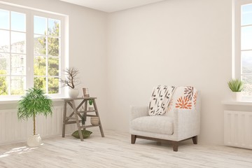 White living room with armchair. Scandinavian interior design. 3D illustration