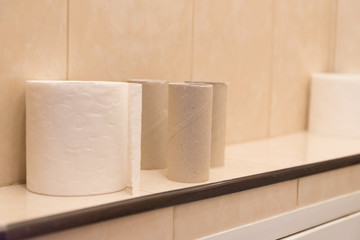 paper roll of toilet paper. next to it are empty bushings from the finished roll. Concept of diarrhea, intestinal disorders.
