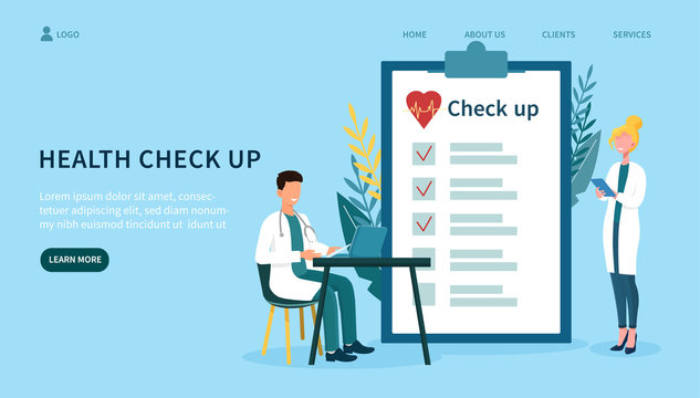 Concept Of Medical Health Check Up, With Two Doctors, Man Working On Laptop And Woman Standing Near A Big Clipboard Of Health Checklist. Flat Vector Illustration