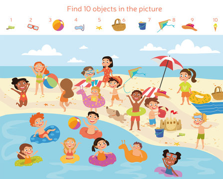 Find 10 objects in the picture. Puzzle Hidden Items. Group of kids having fun on the beach. Vector illustration