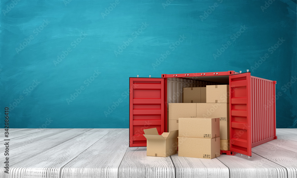 Poster 3d rendering of red shipping container filled with cardboard boxes on white wooden floor and dark tu