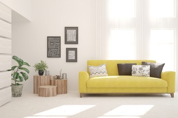 White living room with sofa. Scandinavian interior design. 3D illustration