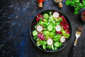 Healthy salad, leaves mix salad (mix micro greens, vegetable juicy snack). food background - Image, copy space for text keto or paleo diet