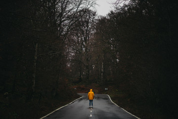Back view of anonymous man in yellow jacket walking on empty asphalt road among green forest