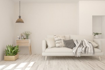 White living room with sofa. Scandinavian interior design. 3D illustration