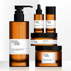 Vector Tinted Brown Glass or Plastic Jar, Pump Bottle, Dropper Bottle Package Set with Minimalist Wrap Around Label Design