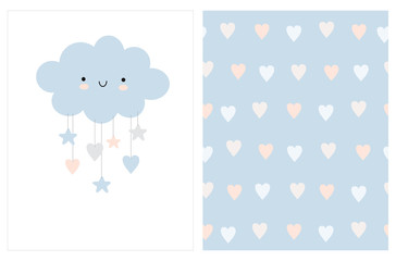 Lovely Baby Shower Vector Card with Blue Fluffy Smiling Cloud with Hanging Stars and Hearts. Cute Seamless Vector Patterns with White and Light Blush Pink Hearts Isolated on a Pastel Blue Background. 