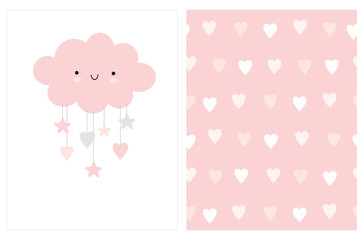 Lovely Baby Shower Vector Card with Pink Fluffy Smiling Cloud with Hanging Stars and Hearts. Cute Seamless Vector Patterns with White and Light Pink Hearts Isolated on a Pastel Pink Background. 