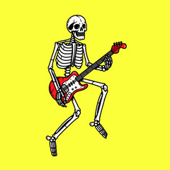 SKELETON WITH ELECTRIC GUITAR COLOR YELLOW BACKGROUND