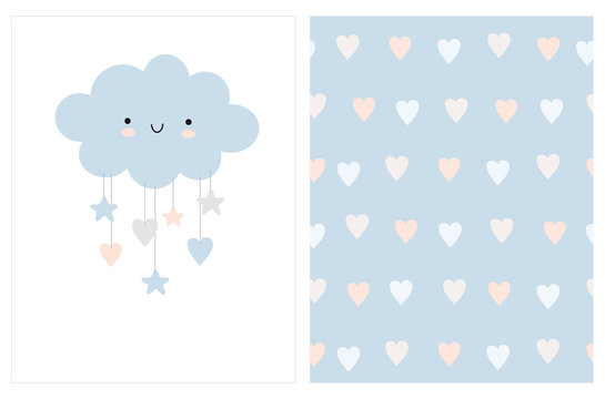 Lovely Baby Shower Vector Card with Blue Fluffy Smiling Cloud with Hanging Stars and Hearts. Cute Seamless Vector Patterns with White and Light Blush Pink Hearts Isolated on a Pastel Blue Background. 