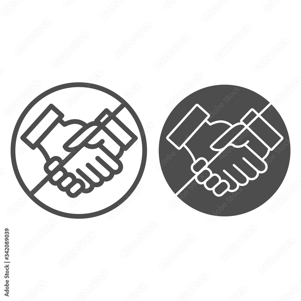 Aufkleber ban on handshaking line and solid icon. avoid physical contact outline style pictogram on white back