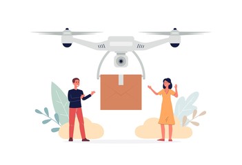 People receiving cardboard package box from delivery drone