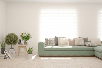 White living room with sofa. Scandinavian interior design. 3D illustration