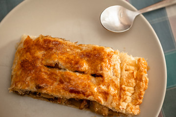 aerial view of a portion o apple strudel on a plate