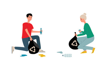 Cartoon couple with recycling trash bags cleaning litter garbage