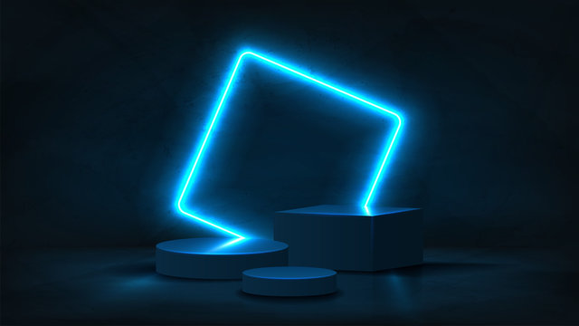 Abstract neon banner with pedestal. 3d podium with blue neon square. Abstract background for promotion goods. Vector illustration with blank space. Minimal concept banner. Mockup template.