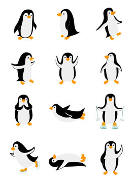 Set of little penguins in different poses. Funny animals isolated on white background. Cartoon characters vector illustration
