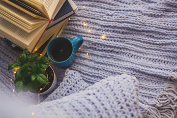 Background of blue knitted plaid and pillows in cosy house with flower in pot and books, mug of tea, a garland. Home place work.