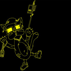 A cat with a phone and a selfie stick.An animal in a cap and sneakers.In sunglasses and a chain around the neck.Earring in the ear.Freehand sketch.Bright,creative illustration.