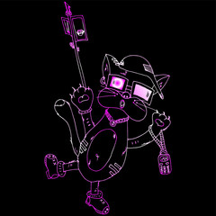 A cat with a phone and a selfie stick.An animal in a cap and sneakers.In sunglasses and a chain around the neck.Earring in the ear.Freehand sketch.Bright,creative illustration.