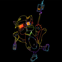 A cat with a phone and a selfie stick.An animal in a cap and sneakers.In sunglasses and a chain around the neck.Earring in the ear.Freehand sketch.Bright,creative illustration.