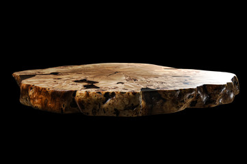Solid elm countertop. Wood surface cross section of elm tree. Live slab. Isolated on a black....