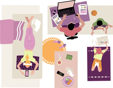 Family Spending Time Together At Home Working, Playing And Listening To Music, View From Top, EPS 8 Vector Illustration