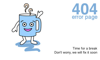 404 error page with coffee cup character for website