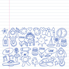Vector pattern with little children. Kindergarten, play and grow together. Icons of toys and kids in doodle style