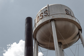 Sloss Furnaces National Historic Landmark, Birmingham Alabama USA, large silver water tower and...