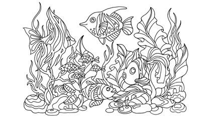 coloring, fish in the aquarium, black and white, recreation, entertainment