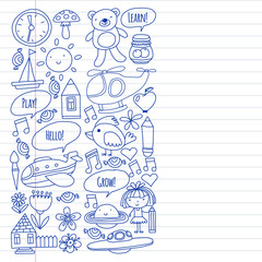 Vector pattern with little children. Kindergarten, play and grow together. Icons of toys and kids in doodle style
