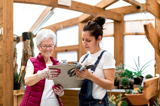 Adult woman writing on clipboard near elderly colleague while working in hothouse together