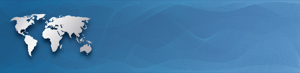 silver world map on blue gradient background with abstract waves lines